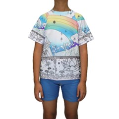 Rainbow Fun Cute Minimal Doodle Drawing 2 Kids  Short Sleeve Swimwear