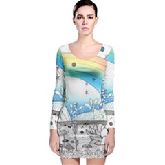 Rainbow Fun Cute Minimal Doodle Drawing 2 Long Sleeve Bodycon Dress