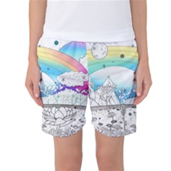 Rainbow Fun Cute Minimal Doodle Drawing 2 Women s Basketball Shorts