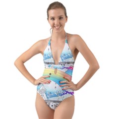 Rainbow Fun Cute Minimal Doodle Drawing 2 Halter Cut-out One Piece Swimsuit