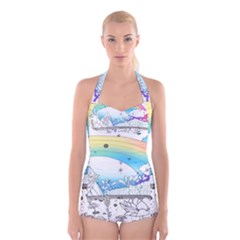 Rainbow Fun Cute Minimal Doodle Drawing 2 Boyleg Halter Swimsuit 