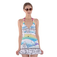 Rainbow Fun Cute Minimal Doodle Drawing 2 Halter Dress Swimsuit  by Jancukart