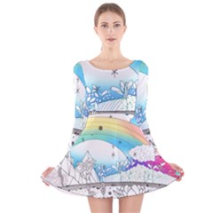 Rainbow Fun Cute Minimal Doodle Drawing 2 Long Sleeve Velvet Skater Dress