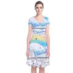 Rainbow Fun Cute Minimal Doodle Drawing 2 Short Sleeve Front Wrap Dress