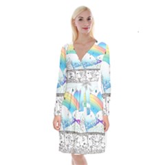 Rainbow Fun Cute Minimal Doodle Drawing 2 Long Sleeve Velvet Front Wrap Dress