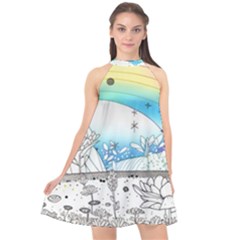 Rainbow Fun Cute Minimal Doodle Drawing 2 Halter Neckline Chiffon Dress 