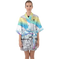 Rainbow Fun Cute Minimal Doodle Drawing 2 Half Sleeve Satin Kimono 