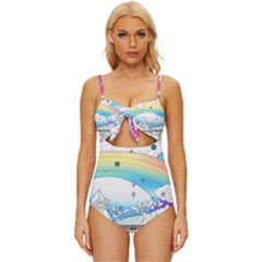 Rainbow Fun Cute Minimal Doodle Drawing 2 Knot Front One-piece Swimsuit