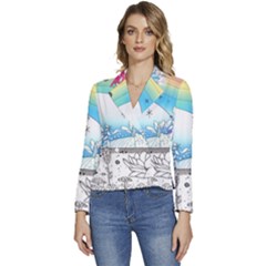 Rainbow Fun Cute Minimal Doodle Drawing 2 Women s Long Sleeve Revers Collar Cropped Jacket