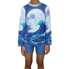 Waves Ocean Sea Tsunami Nautical 7 Kids  Long Sleeve Swimwear by Jancukart