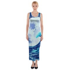 Waves Ocean Sea Tsunami Nautical 7 Fitted Maxi Dress by Jancukart