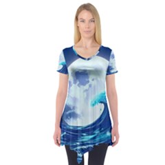 Waves Ocean Sea Tsunami Nautical 7 Short Sleeve Tunic  by Jancukart