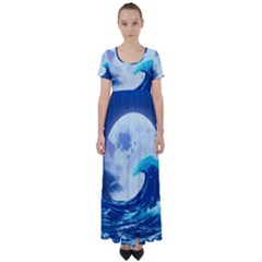 Waves Ocean Sea Tsunami Nautical 7 High Waist Short Sleeve Maxi Dress by Jancukart