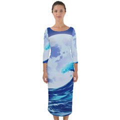 Waves Ocean Sea Tsunami Nautical 7 Quarter Sleeve Midi Bodycon Dress by Jancukart