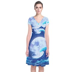 Waves Ocean Sea Tsunami Nautical 7 Short Sleeve Front Wrap Dress