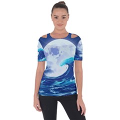 Waves Ocean Sea Tsunami Nautical 7 Shoulder Cut Out Short Sleeve Top