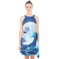 Waves Ocean Sea Tsunami Nautical 7 Halter Collar Waist Tie Chiffon Dress by Jancukart