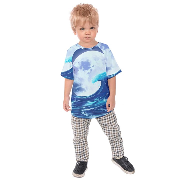 Waves Ocean Sea Tsunami Nautical 7 Kids  Raglan Tee