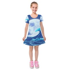 Waves Ocean Sea Tsunami Nautical 7 Kids  Short Sleeve Velvet Dress