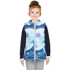 Waves Ocean Sea Tsunami Nautical 7 Kids  Hooded Puffer Vest