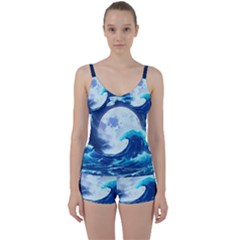 Waves Ocean Sea Tsunami Nautical 7 Tie Front Two Piece Tankini