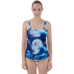 Waves Ocean Sea Tsunami Nautical 7 Twist Front Tankini Set