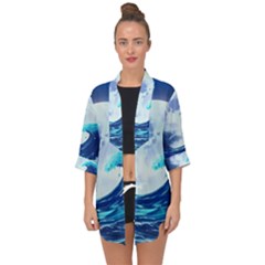 Waves Ocean Sea Tsunami Nautical 7 Open Front Chiffon Kimono by Jancukart