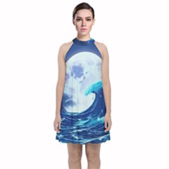 Waves Ocean Sea Tsunami Nautical 7 Velvet Halter Neckline Dress 