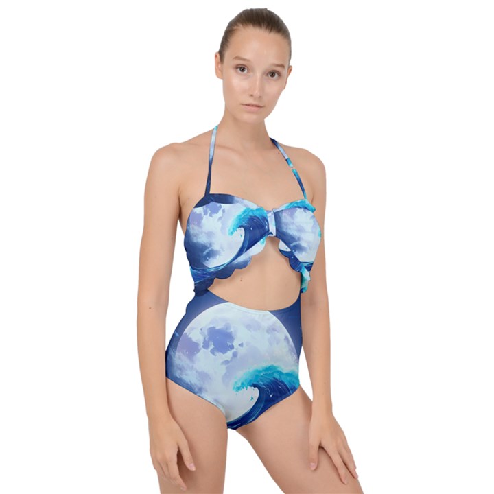 Waves Ocean Sea Tsunami Nautical 7 Scallop Top Cut Out Swimsuit