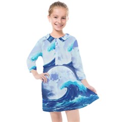 Waves Ocean Sea Tsunami Nautical 7 Kids  Quarter Sleeve Shirt Dress by Jancukart