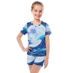 Waves Ocean Sea Tsunami Nautical 7 Kids  Mesh Tee And Shorts Set