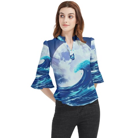 Waves Ocean Sea Tsunami Nautical 7 Loose Horn Sleeve Chiffon Blouse by Jancukart