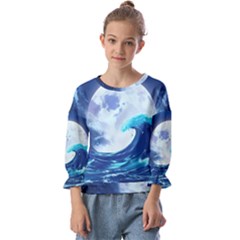 Waves Ocean Sea Tsunami Nautical 7 Kids  Cuff Sleeve Top