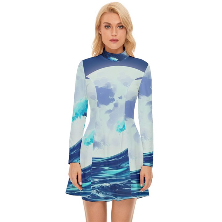 Waves Ocean Sea Tsunami Nautical 7 Long Sleeve Velour Longline Dress