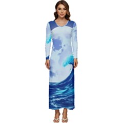 Waves Ocean Sea Tsunami Nautical 7 Long Sleeve Longline Maxi Dress by Jancukart