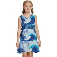 Waves Ocean Sea Tsunami Nautical 7 Kids  Sleeveless Tiered Mini Dress by Jancukart