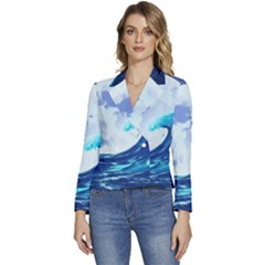 Waves Ocean Sea Tsunami Nautical 7 Women s Long Sleeve Revers Collar Cropped Jacket by Jancukart