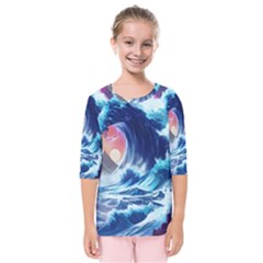 Storm Tsunami Waves Ocean Sea Nautical Nature Kids  Quarter Sleeve Raglan Tee