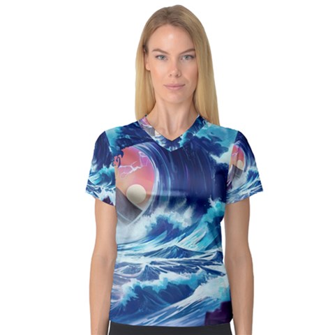 Storm Tsunami Waves Ocean Sea Nautical Nature V-neck Sport Mesh Tee by Jancukart