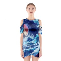 Storm Tsunami Waves Ocean Sea Nautical Nature Shoulder Cutout One Piece Dress