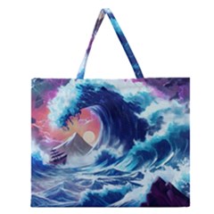 Storm Tsunami Waves Ocean Sea Nautical Nature Zipper Large Tote Bag