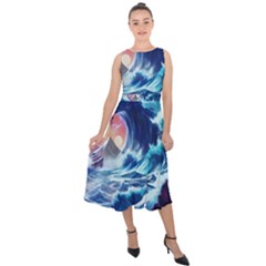 Storm Tsunami Waves Ocean Sea Nautical Nature Midi Tie-back Chiffon Dress