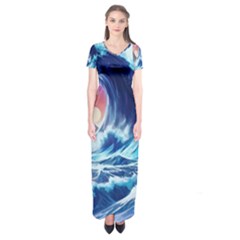 Storm Tsunami Waves Ocean Sea Nautical Nature Short Sleeve Maxi Dress