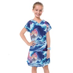 Storm Tsunami Waves Ocean Sea Nautical Nature Kids  Drop Waist Dress by Jancukart