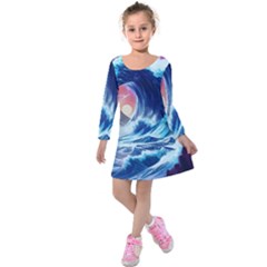 Storm Tsunami Waves Ocean Sea Nautical Nature Kids  Long Sleeve Velvet Dress by Jancukart