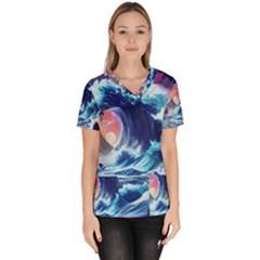 Storm Tsunami Waves Ocean Sea Nautical Nature Women s V-neck Scrub Top