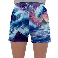 Storm Tsunami Waves Ocean Sea Nautical Nature Sleepwear Shorts by Jancukart