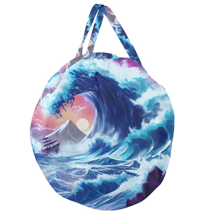 Storm Tsunami Waves Ocean Sea Nautical Nature Giant Round Zipper Tote