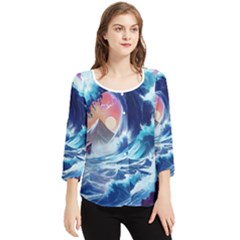 Storm Tsunami Waves Ocean Sea Nautical Nature Chiffon Quarter Sleeve Blouse