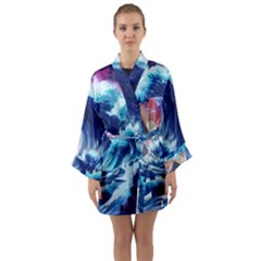 Storm Tsunami Waves Ocean Sea Nautical Nature Long Sleeve Satin Kimono by Jancukart